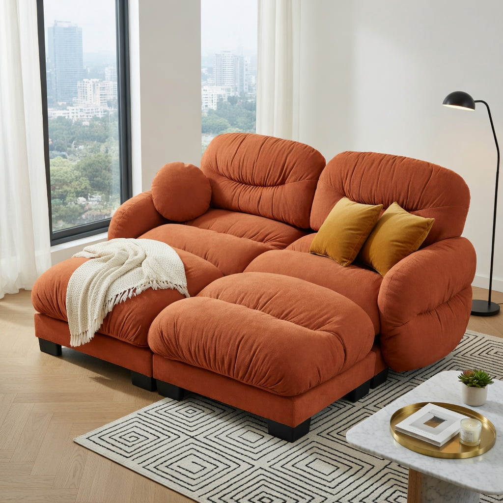 Hommoo Chenille 2-Seater Modular L-Shaped Sectional Sofa with Ergonomic Foam, Curved Armrests, 2 Ottomans & Throw Pillows, Pleated Back Design, Orange