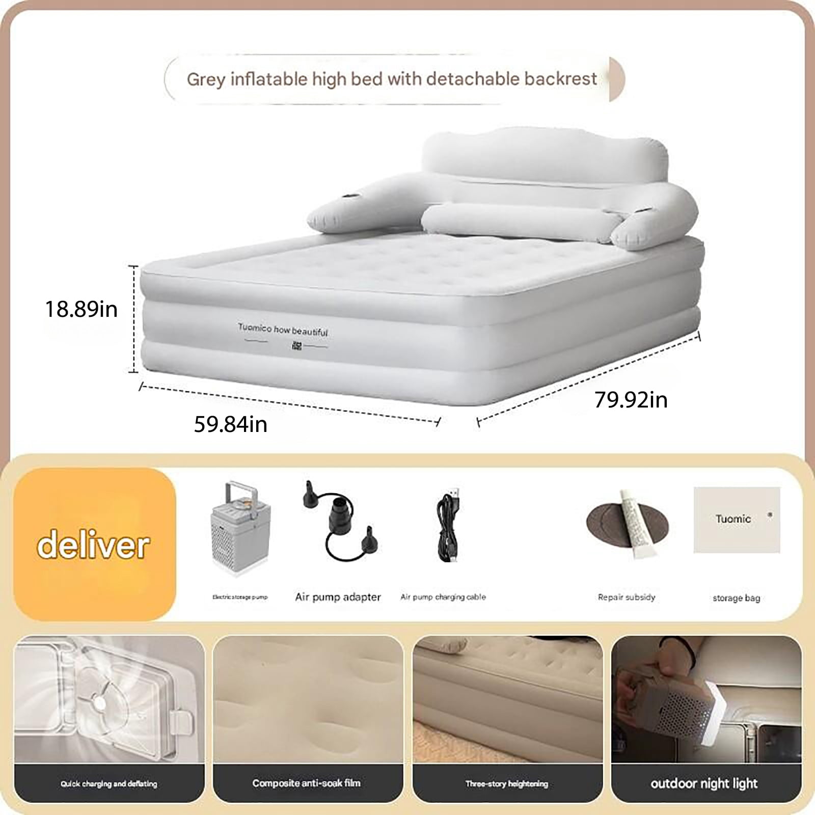 StarZe Air Mattress Queen with Built in Pump and Headboard，Inflatable Portable Mattress for Home, Camping & Guests,Gray.