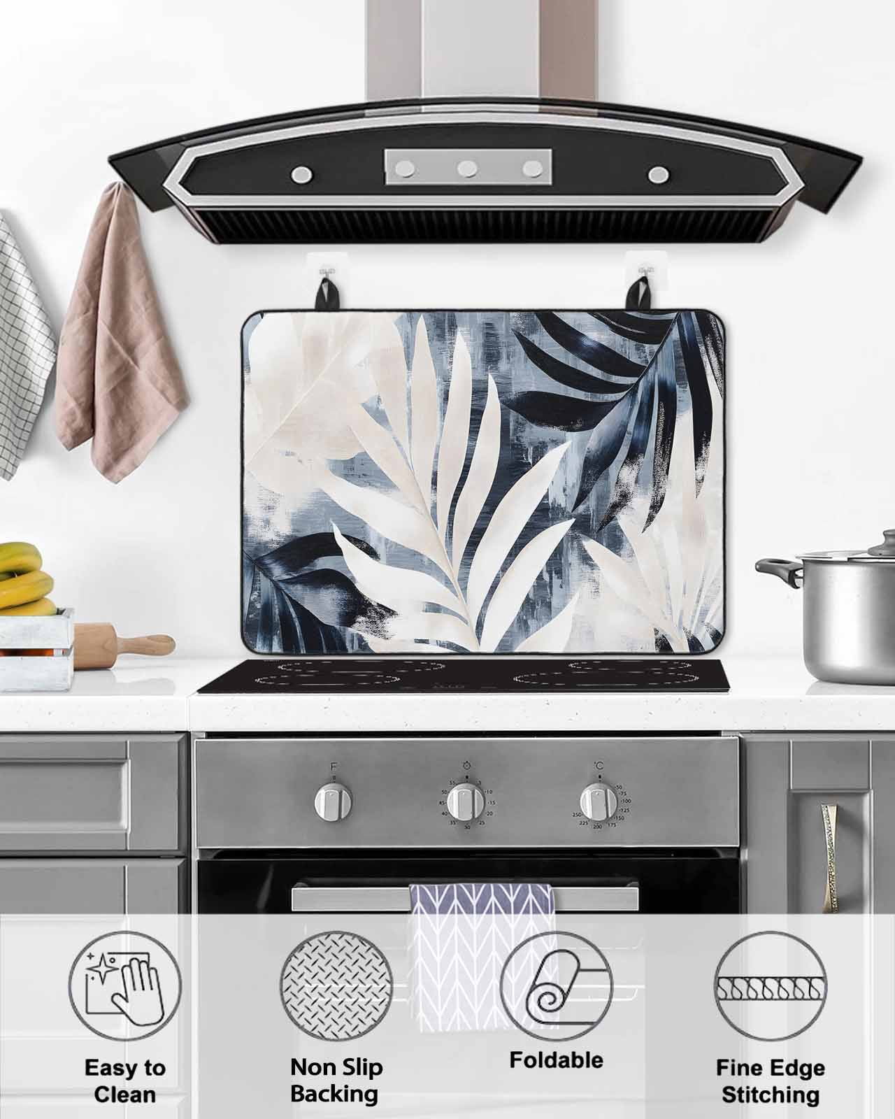 nqOlkjepod Large Induction Cooktop Protector Mat 24"x21", Vintage Navy Blue Botanical Stove Top Covers for Electric Stove, Modernism Tropical Leaves Stove Burner Cover Mats, Glass Top Stove Cover