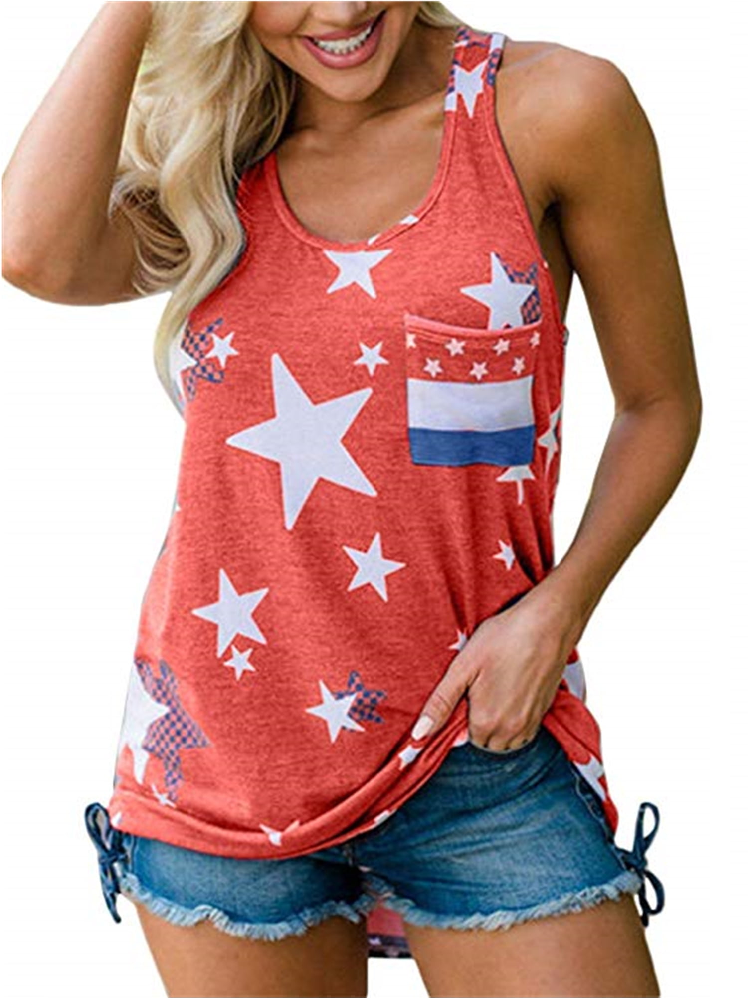 Womens High Neck Tank Top Pocket American Flag Print Sleeveless Blouse 4th July Patriotic Vest Tops