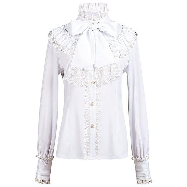 Gothic Blouses for Women Vintage Long Sleeve Lace Patchwork Button Shirt Medieval Ruffle Tops White S