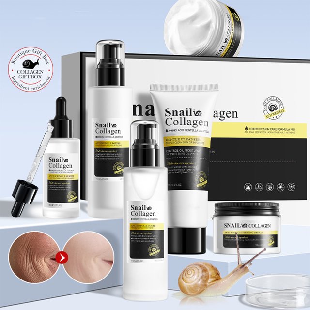 Set hidratante de 5 piezas con brillo para ojos y baba de caracol. Incluye tónico, sérum, limpiador, hidratante, crema para ojos y loción corporal. Un regalo único para mujeres. Crema para ojos de 100