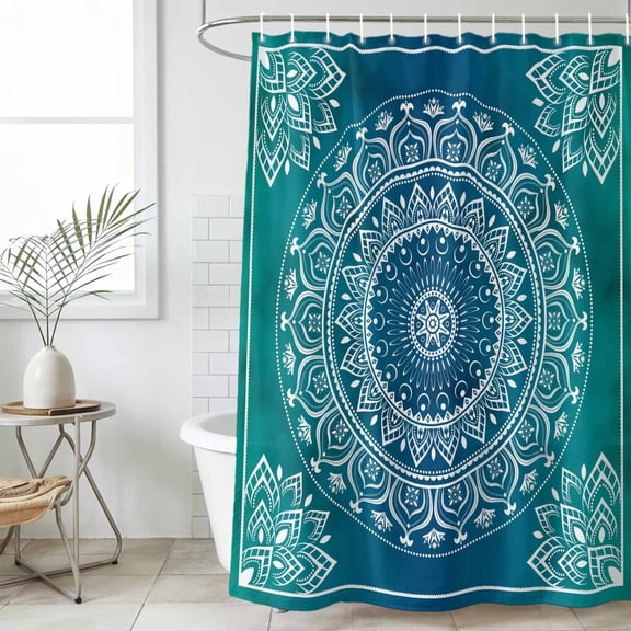 Teal Blue Boho Waterproof Fabric Shower Curtain,Retro White Rustic Flower Ethnic Pattern Waterproof Fabric Shower Curtain for Bathroom Curtains Bathtubs Shower Curtains with 12 Hooks Stall 48x72in