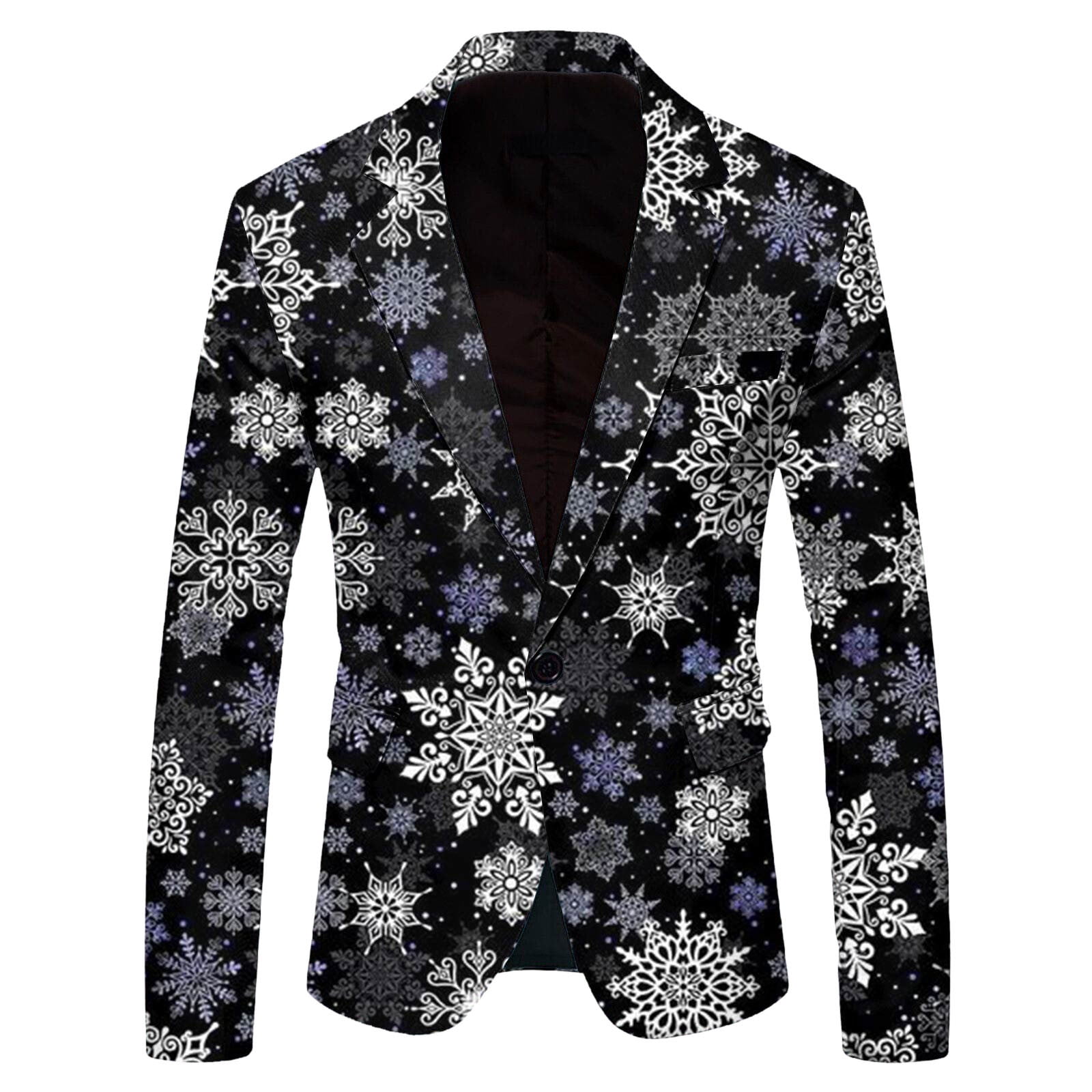Men Christmas Snowflake Santa Sports Jacket Printed Pocket Lapel