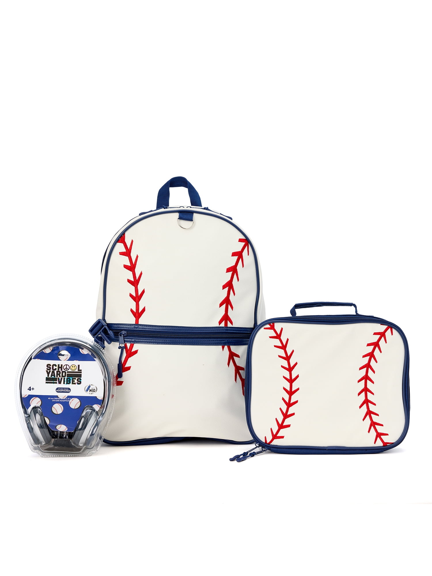 Schoolyard Vibes 17" Boys' 3-Piece Baseball Backpack Set with Headphones & Lunch Box, White