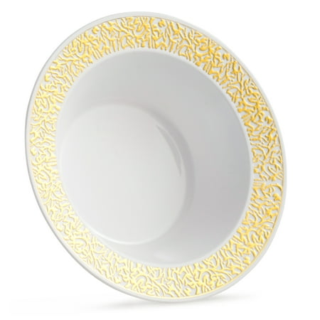 Heritage Rimmed Soup Bowl - Host & Porter Gold Rim Plastic Soup Bowls, 12oz, 10 Count