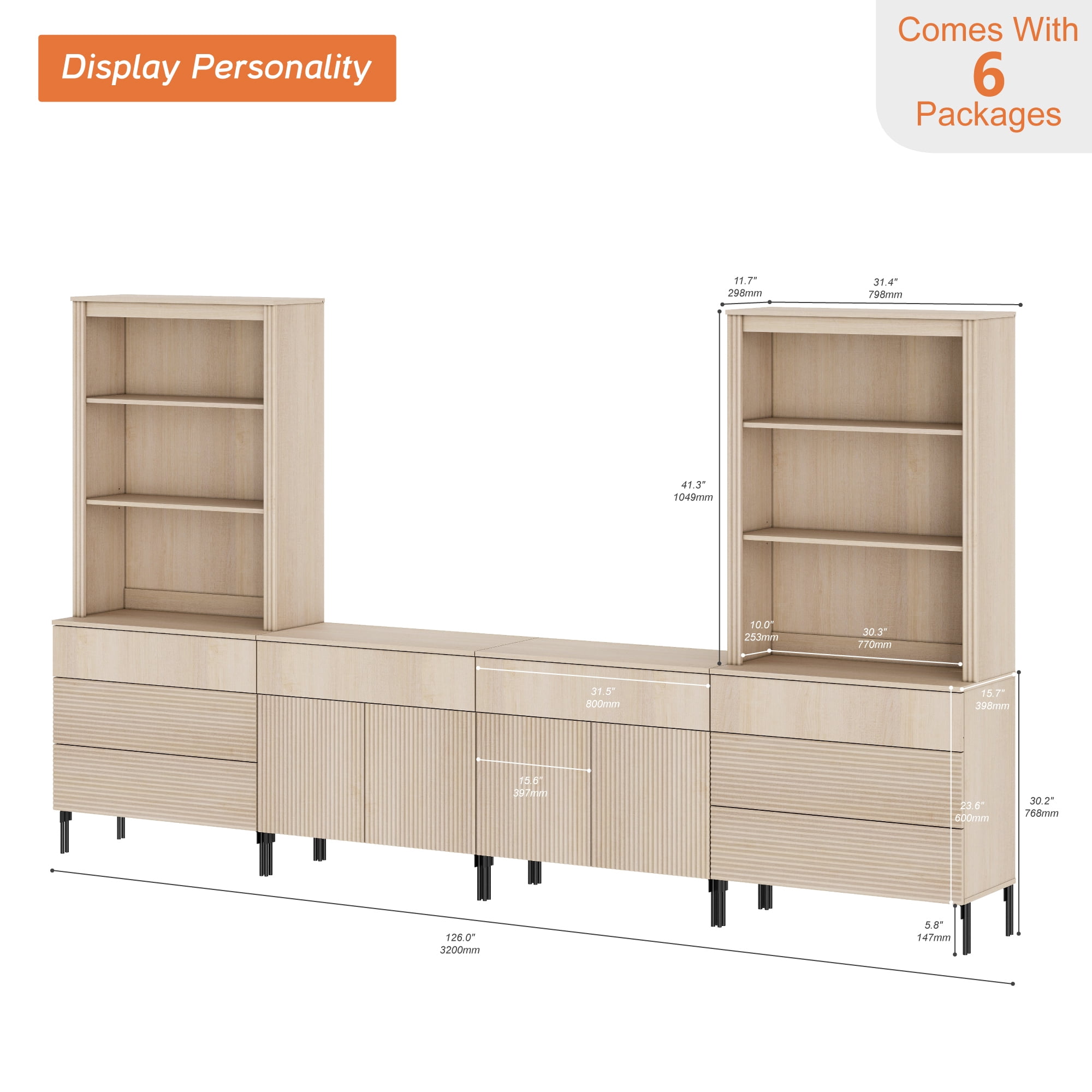 71" Tall Arched Kitchen Pantry Cabinet Set of 2, Wood Bookcase Display Cabinet With Drawers And Open Arched Shelves, Mid-Century Modern Versatile Cupboard For Dining Room, Bedroom