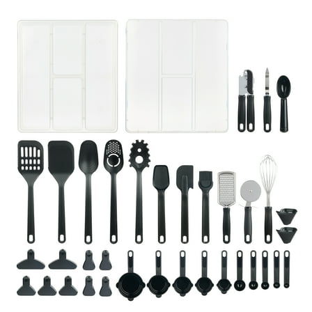 Mainstays 36 Piece Kitchen Gadget Set with Kitchen Cooking Utensils, and Drawer Organizer, Black
