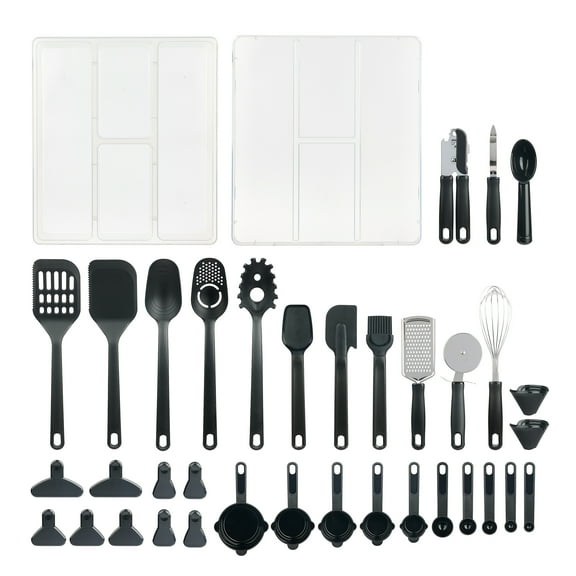 Mainstays 36 Piece Kitchen Gadget Set with Kitchen Cooking Utensils, and Drawer Organizer, Black