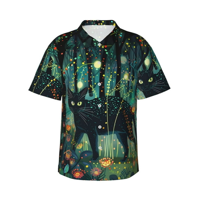 Balery Mystical Black Cat Fireflies Camisas hawaianas de manga corta para hombre, camisas playeras de corte holgado, camisas de vacaciones con botones,Medium