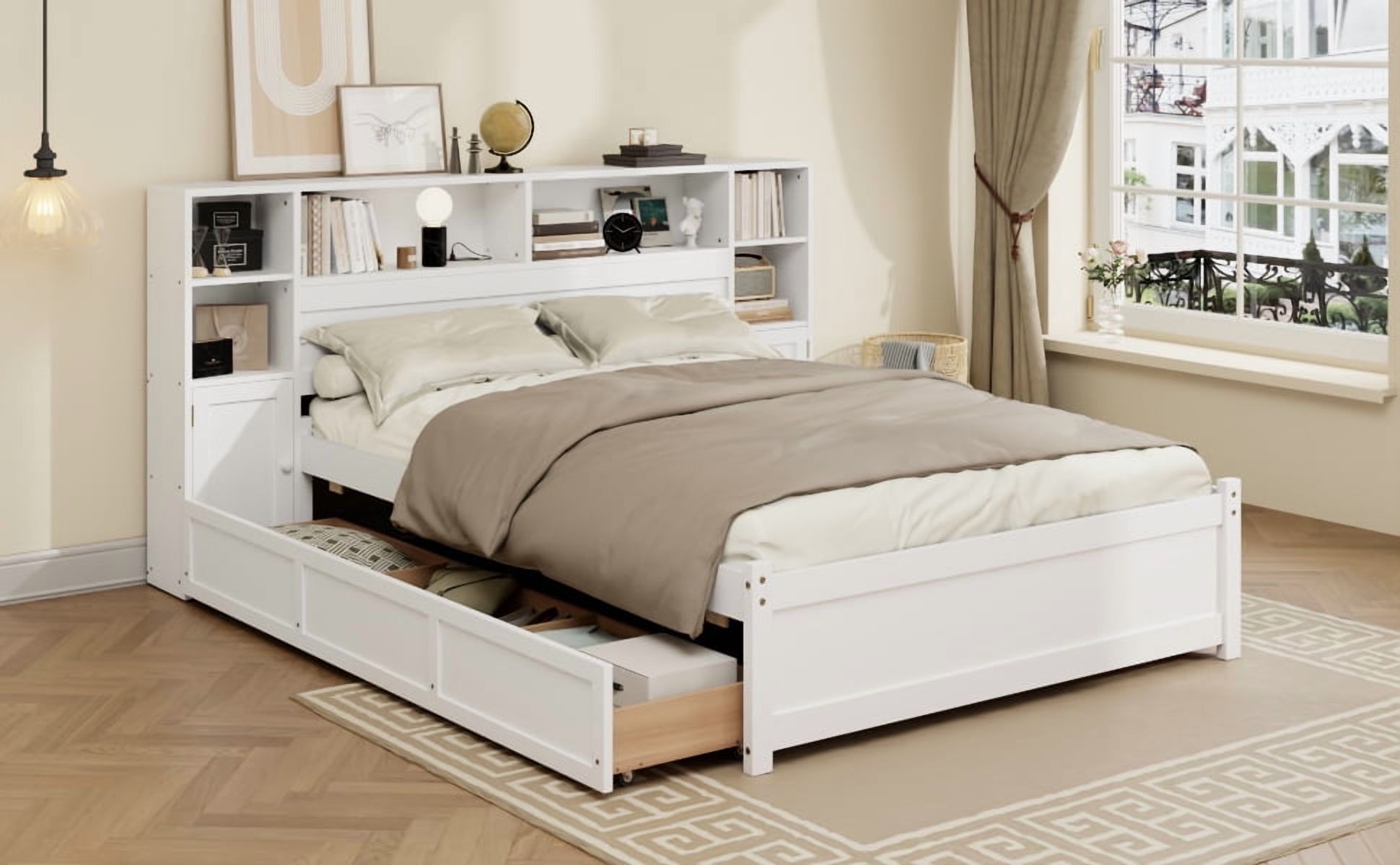 MAYEERTY Twin White Wooden Storage Bed Bookcase Headboard 6 Drawers Charging for Teens Adults