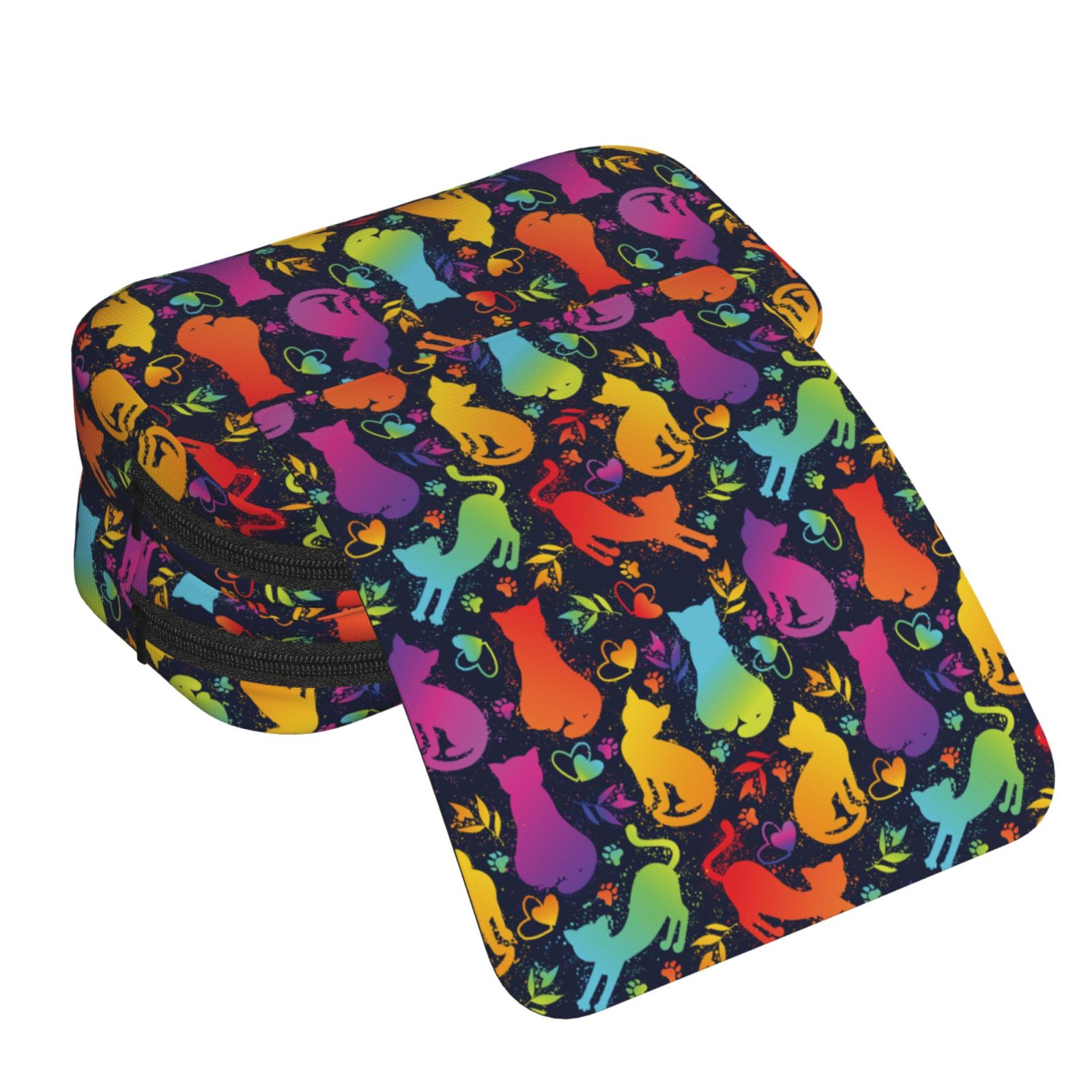 Rateoe Colorful Cats Pattern Double Clamshell Pen Case, Storage Organizer with Two Zipper Compartments– Holds Up to 50 Pencils & Pens