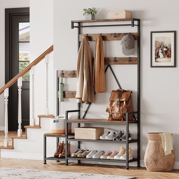 Coat Rack,Hall Tree with Shoe Bench for Entryway, Industrial Entryway Bench with 7 Hooks,4 Tier Storage Shelves,5-in-1 Coat Rack for Hallway Mudroom Bedroom