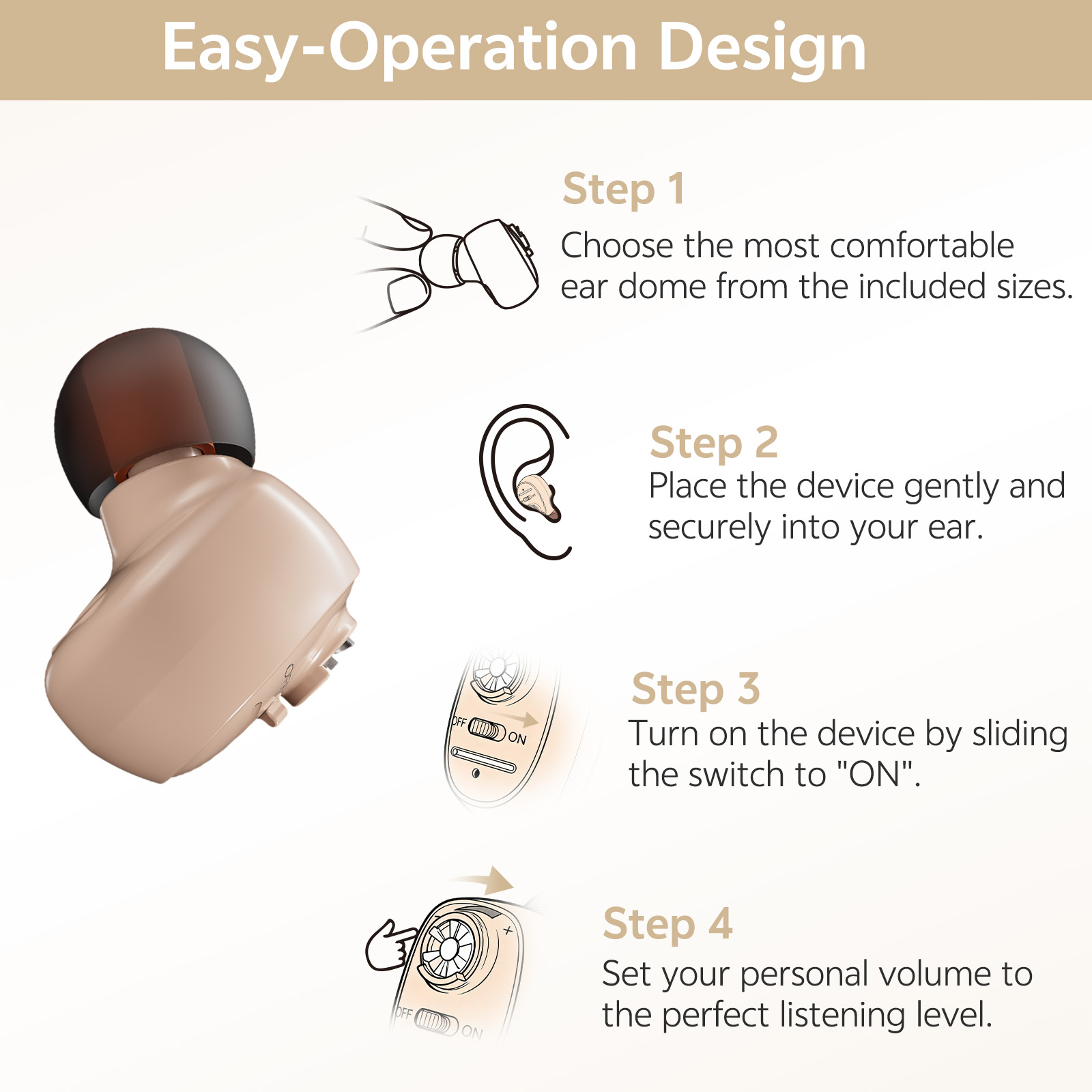 Delmicure Hearing Aids for Seniors Rechargeable with Noise Cancelling, Invisible, VHP-1607, Single, Beige