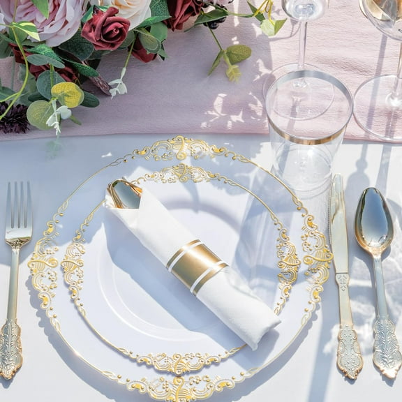 350PCS Gold Plastic Plates - Gold Plastic Dinnerware Sets for 50 Guests