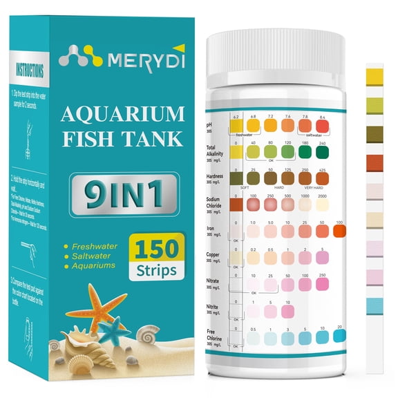 Aquarium Test Strips, 9 in 1 Fish Tank Test Kit for Freshwater Ponds, 150 ct Quick & Accurate Water Testing Iron Copper Sodium Chlorine Nitrate Nitrite Total Alkalinity Hardness Free Chlorine pH