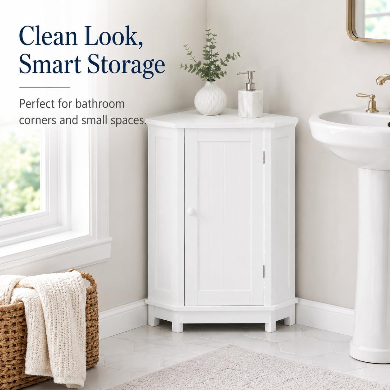 31" Corner Storage Cabinet, Wood Freestanding Triangle Floor Cabinet with Door & Shelves, White