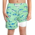 thumbnail image 1 of Pantalones cortos de baño LUCOWEE Compression Green Sharks para niños de 10 a 12 años, 1 of 9