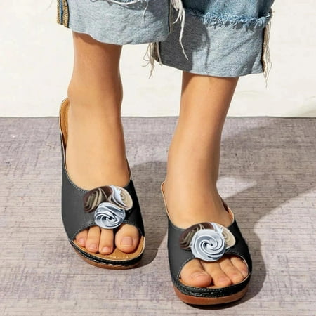 

Abcnature Women Sandals Clearance 2023! Women s Platform Wedge Sandals with Arch Support Casual Flower Slippers Fish Mouth Shoes Thick Sole Sloping Heel Sandals Summer Athletic Outdoor Beach Sandals