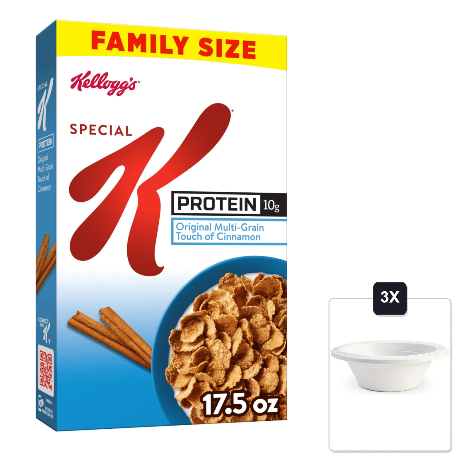 Kelloggs Special K Protein Breakfast Cereal, Protein Cereal, Family Size, Original Multi-Grain Touch Of Cinnamon, 17.5 oz & 3x 12oz Disposable Plastic Bowl