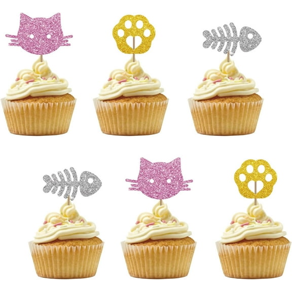12pcs Cat Cupcake Toppers, Kitten Cupcake Toppers, Pink&Gold Glitter Pet Kitty Birthday Cake Decorations