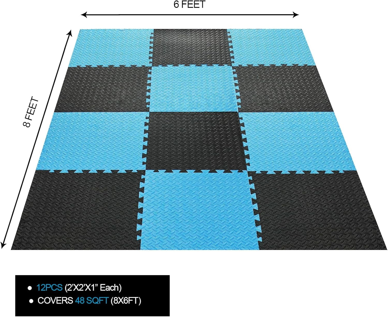 1 in Thick 48 Sq Ft EVA Foam Exercise Gym Mats 12 Pcs - Interlocking Puzzle Floor Tiles for Home Gym Heavy Workout Equipment Flooring - 24 x 24in Tile, Black & Blue
