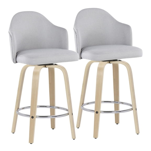 LumiSource Natural Wood, Chrome, Light Grey Fabric Ahoy Counter Stool - Set of 2