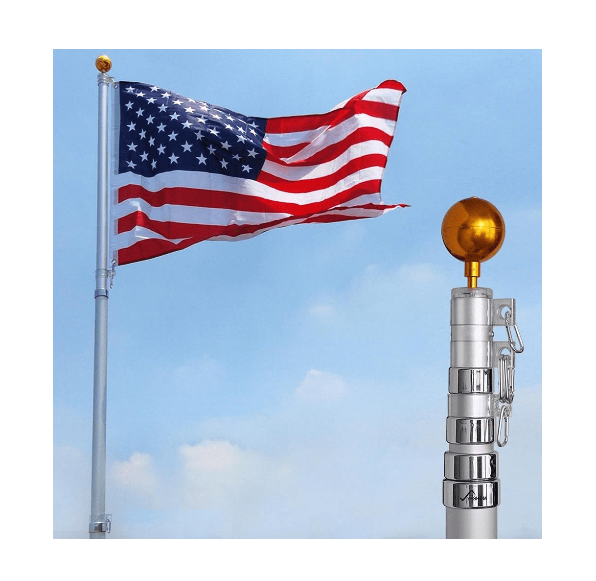 30ft Flag Pole Telescopic Aluminum Flagpole Kit US Flag Ball 2 Flag Halyard Fly 