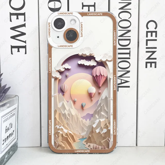 Paper Cute Landscape Creative Mountain Balloons Phone Case For iPhone 15 Pro Max 14 Plus 13 Mini 12 11 Soft Cover 03 iPhone 13 Pro Max