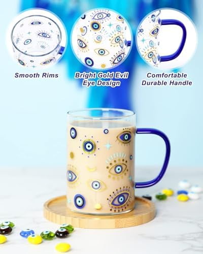 Evil Eye Glass Coffee Cup with Handle 16oz Glass Can for Hot/Cold Beverages Cappuccino Latte Espresso Beer Hamsa Blue Evil Eye for Protection Tumbler Mug Heat-Resistant and Freezer Safe