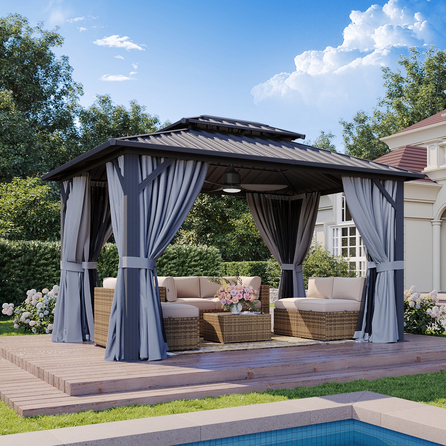Sumnthink 10'x12' Hardtop Gazebo, Steel Double Galvanized Top Canopy, Aluminum Frame Permanent Pavilion Metal Gazebo with Netting and Curtains, for Patio, Garden, Lawn