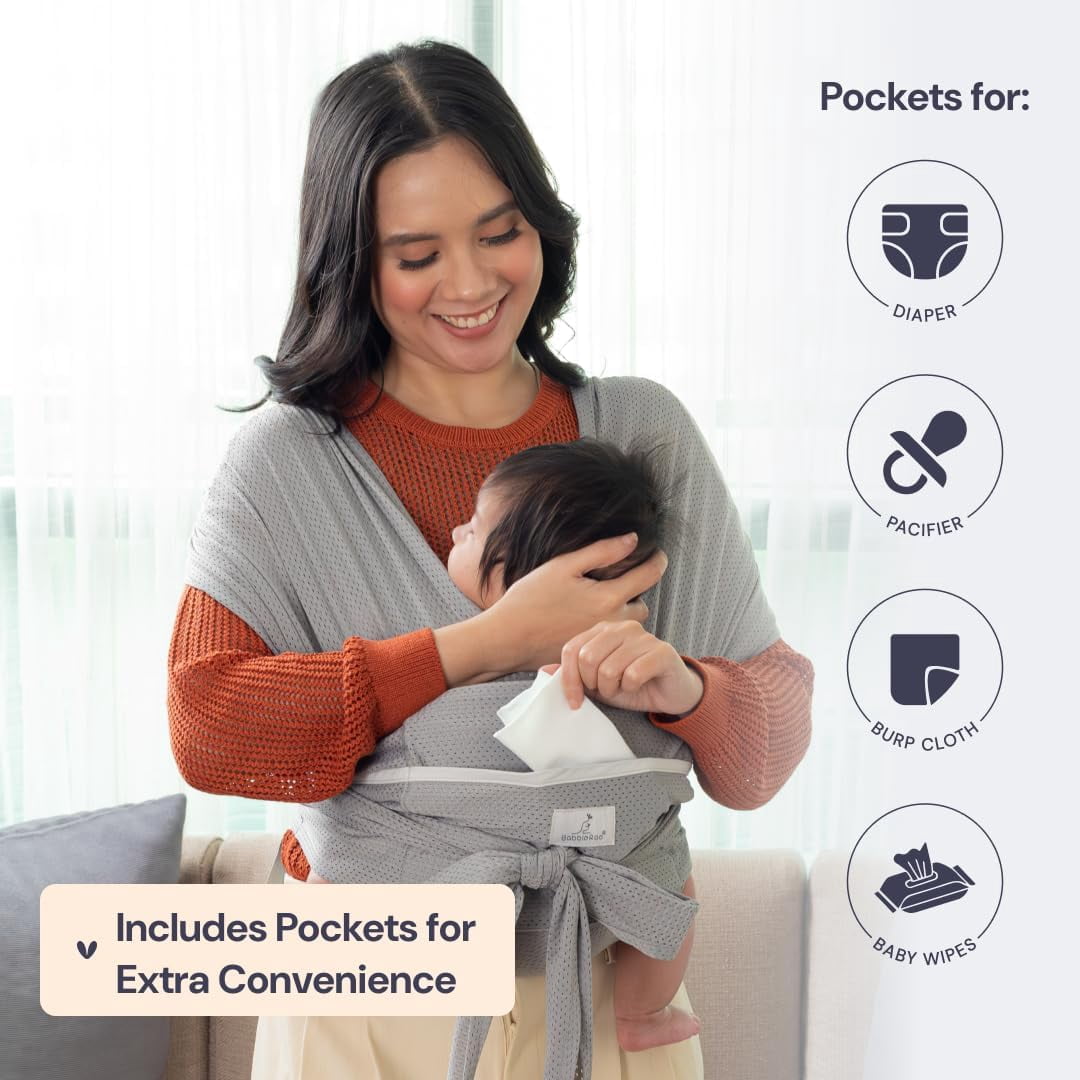BabbleRoo Baby Wrap Carrier, Adjustable Baby Carriers for Newborn to Toddler,8-34 lbs, 3-24 months, Gray