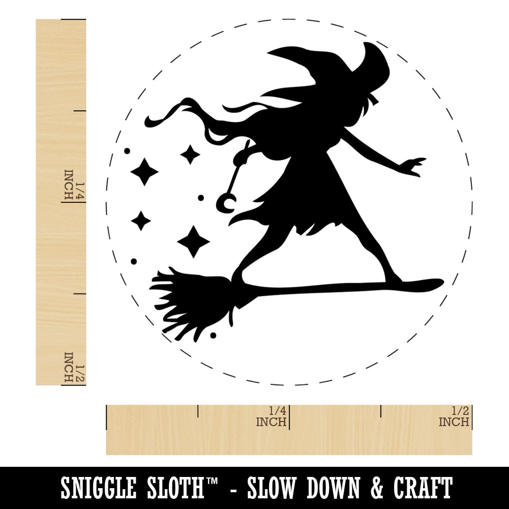 Young Witch Surfing on Broomstick Halloween Self-Inking Rubber Stamp Ink Stamper - Blue Ink - Mini 1/2 Inch
