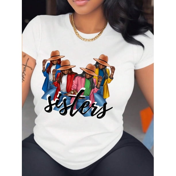 Black Letter Pattern Denim Figure Print Crew Neck T-Shirt - Casual Short Sleeve Top for Spring & Summer - Women's Clothing