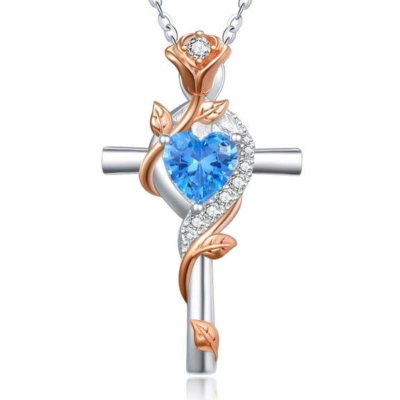 Women's Cross Necklace for Women Sterling Silver Blue Topaz December Birthstone Necklace Rose Cross Pendant Jewelry Catholic Christian Religious Valentines Day Birthday Gifts for Wife Her Mom Mother