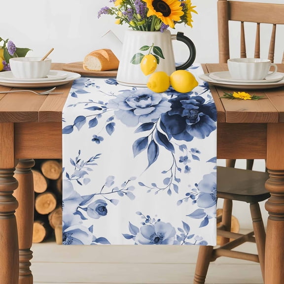 Burlap Table Runner 36 Inches Long,Booming Blue Gradient Floral Non-Slip Kitchen Table Runners for Dining Room Everyday Use Party Table Decorations Watercolor Flowers on White