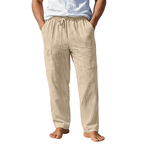 PIMSSY Men Casual Summer Pants With Stretch Drawstring Waist Multiple Pockets Lightweight Linen Beach Trousers For Outdoor Travel Male Leisure Solid Color Slacks