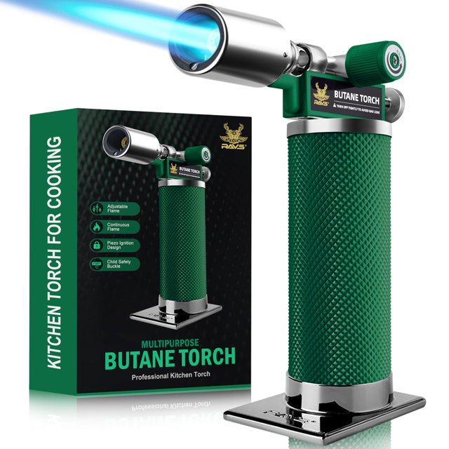 Soplete de butano RAVS con llama ajustable y seguro infantil, verde