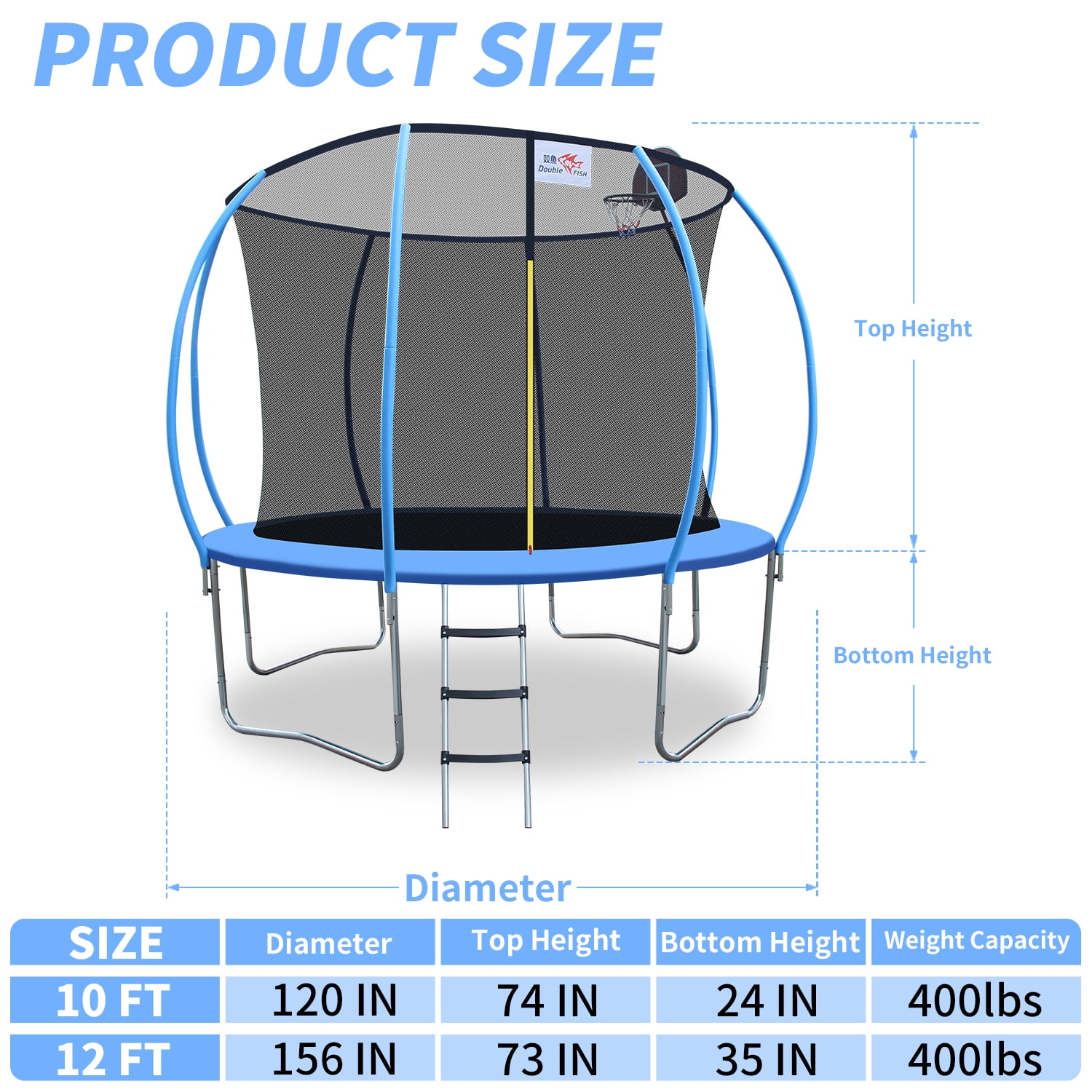 Double Fish 10ft Trampoline with Enclosure Safety Net Jumping Fun Trampoline Heavy-duty Jump Pads with Basketball Hoop, Spring-loaded for Kids and Adults