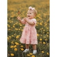 thumbnail image 4 of BemeyourBBs Kids Toddler Baby Girls Summer Smocked Dress Little Girl Cotton Linen Outfit Bow Print Short Sleeve Square Neck Ruffle Dress and Headband Set, 4 of 9