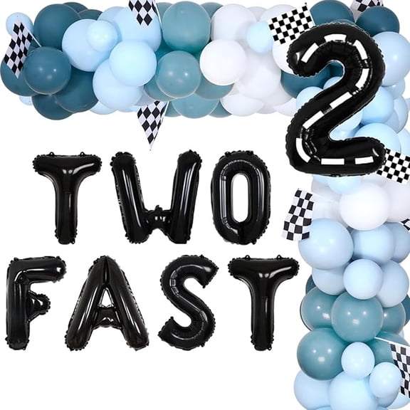 Two Fast Birthday Decorations, Race Car 2nd Birthday Party Decorations, Vintage Retro Blue Race Car Balloons Arch 2 Foil Balloon for Boy 2nd Birthday