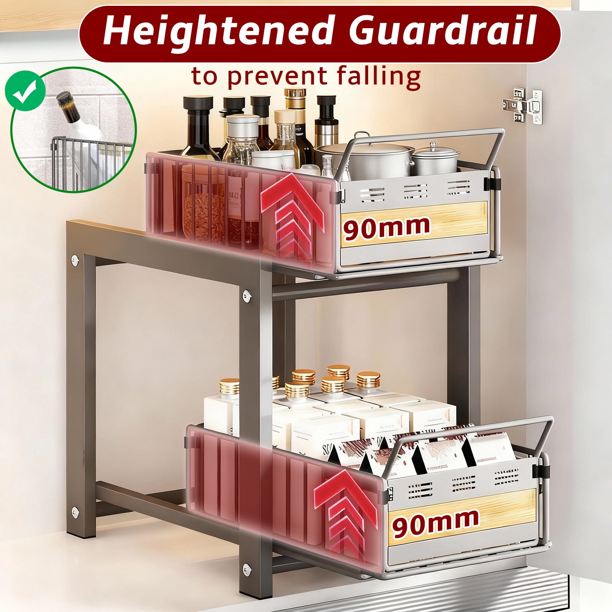2-Tier Metal Under Sink Storage, Multi-Purpose Pull Out Cabinet Organizer, White Double Sliding Basket Organizer for Kitchen, Bathroom,