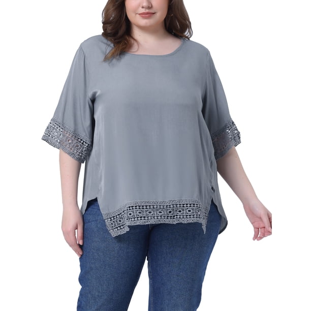 Blusas Casuales de Manga Corta de Encaje de Talla Grande para Mujeres Agnes Orinda, Cuello Redondo, 1X Gris Claro