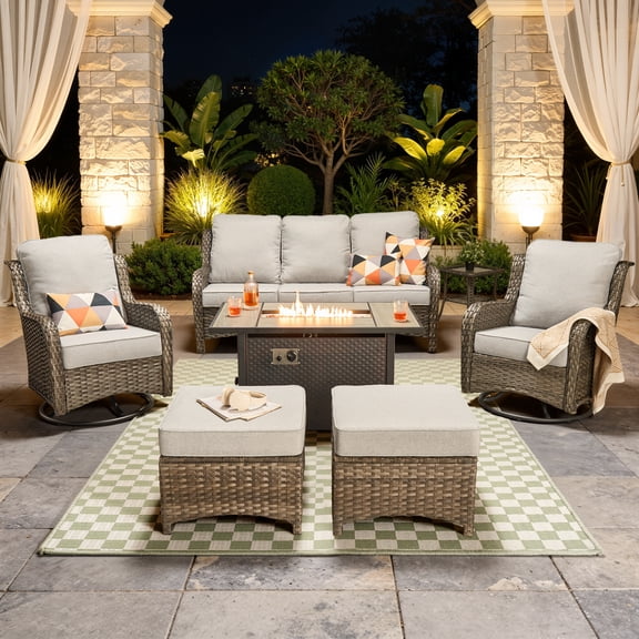 Vcatnet 8 Pieces Outdoor Patio Furniture Sectional Sofa All-weather Conversation Set with Swivel Rocking Chairs and Fire Pit Table for Garden,Poolside,Gray