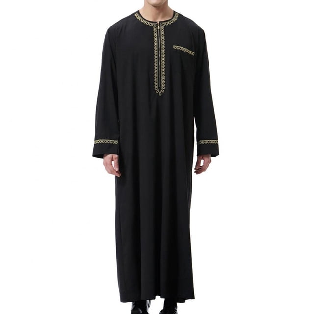 DPTALR Men's Muslim Robe Arab Middle Robe Long Style Long Sleeve Embroidered Standing Neck Pocket Long Shirt Casual Robe