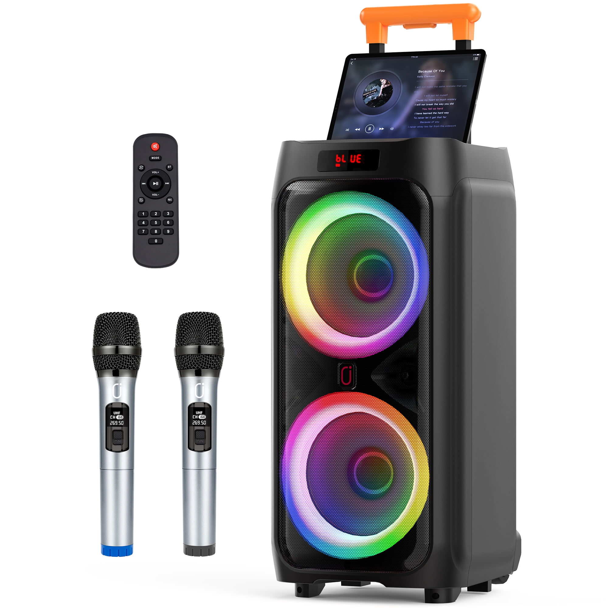 FanFun Karaoke Machine for Adult, Large Bluetooth Speaker with Wheels, 2 Microphones, Deep Bass Karaoke Party Speaker, T9