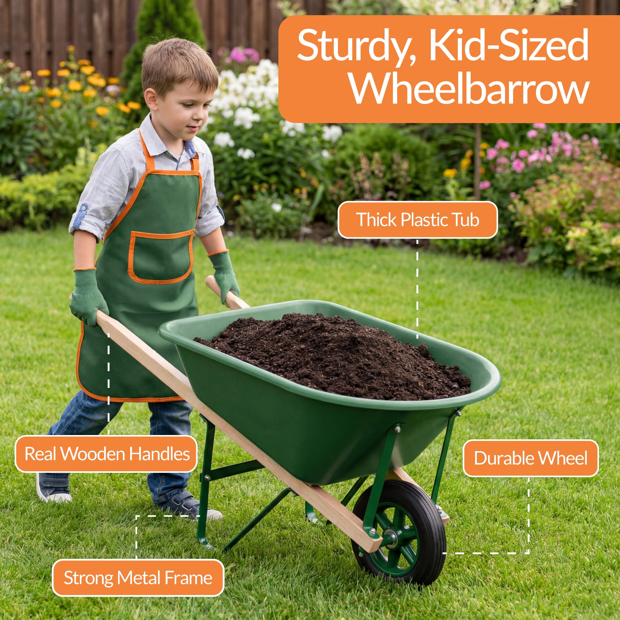 Best Choice Products Kids Wheelbarrow Gardening Tool Set 8 Piece with Metal Tools, Apron, Gloves Ages 3+ - Green/Orange