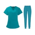 thumbnail image 4 of Uniforme Set pantalones Escote en V Sólido Multi bolsillo Manga corta Suave estiramiento Máquina Lavable Traje para salón de belleza Azul M Hugo Blusa y pantalones médicos, 4 of 10