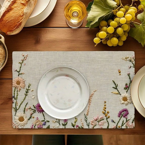 Set of 4 Embroidered Wildflower Placemats 12x18 Inch Linen Texture Floral Rectangular Heat Resistant Dining Table Mats for Home Decor