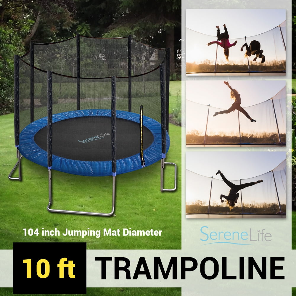 SereneLife SLTRA10BL - Home Backyard Sports Trampoline - Large Outdoor Jumping Fun Trampoline for Kids / Children, Safety Net Cage (10 ft.)